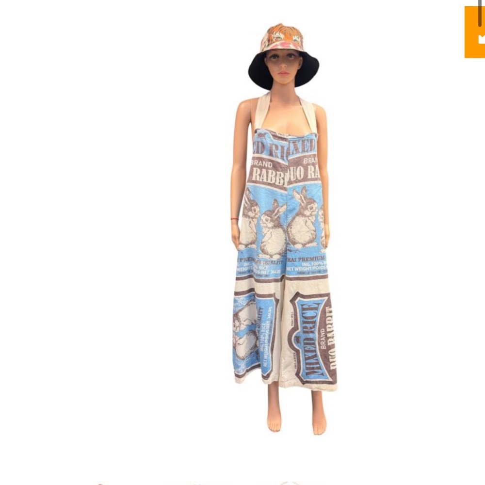 Rabbit Print Blue & Beige flour sack overalls